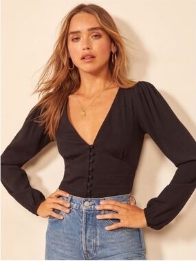 Reformation Black V-Neck Button-Front Long Sleeve Top